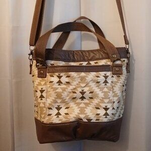 New Bucket Saddle Bag Purse Tote Brown Mustard Chevron Aztec print Pleather